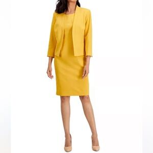 knee length dresses for ladies Le Suit Boat Neck Sleeveless Zipper Back Crepe Dress with Crew Neck Long Sleeve Large Windowpane Pattern Jacket (Two Piece Set) Dijon Combo / 10